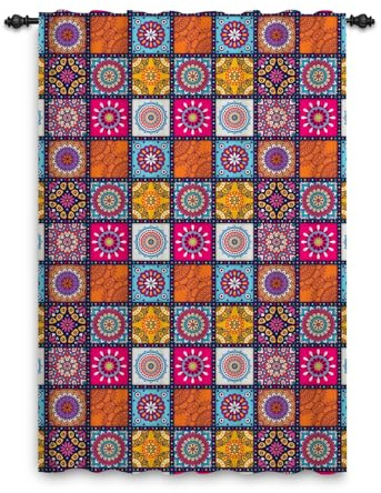 ggaimwf Boho-Patchworkvorhang Mandala Muster Hippie Marokkanischer Vorhang Bleistiftfalten Mehrfarbige Fensterdeko Schlafzimmer Esszimmer Sichtschutzvorhang Stangentasche 107x160cm, 1 Panel
