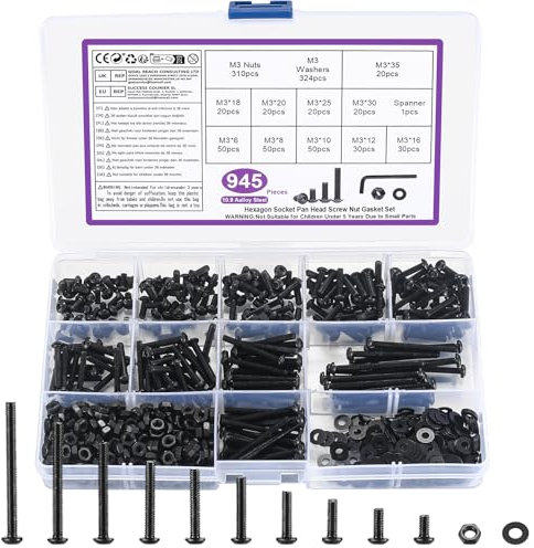 945 Pz M3 Set di Viti Bulloni e Dadi, M3 Bulloni a Testa Esagonale Tonda, Bullone Viti a Testa Brugola e Dadi e Rondella Set(Nero)