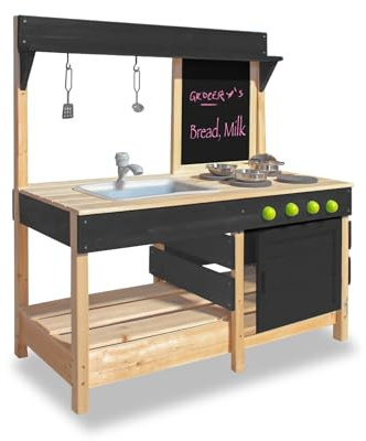 Mud Kitchen Playset for, Outdoor Wooden Toy Play Kitchen Set for Boys and Girls, Kitchen Accessories and Garden Sink, Outdoor Toy for Kids (Black2)