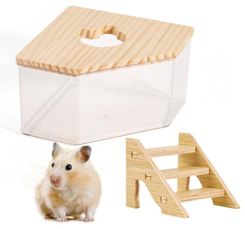 PLUSHCEWT Hamster Sand Bath Bathtubs,Hamster Bath,Hamster Bathtub Box for Hamster Sand Bath Syrian,Transparent Hamster Bathroom with Wooden Lid,for Syrian Hamster Guinea Pig Rat Mice (Pentagonal C)