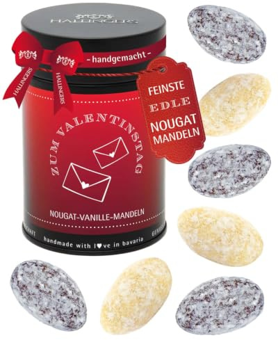 Hallingers Genuss Manufaktur Nougat-Mandeln Valentinstagsgeschenk - von Hand in der Manufaktur schokoliert ohne Alkohol in der Geschenkdose Zum Valentinstag, Valentintstag für Frauen Männer