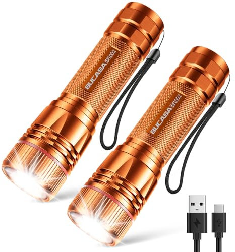 BUCASA Taschenlampe LED Aufladbar, 2000 Lumen Extrem Hell LED Taschenlampe mit 3 Modi, 2 Stück Zoombare Taschenlampe Kinder, Wasserdicht Langer Laufzeit Flashlight für Camping Notfäll (Orange)