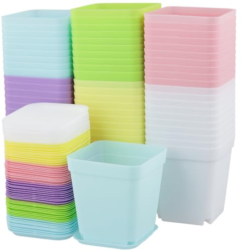 SINJEUN 60 Stück Anzuchttöpfe Bunt 7 x 8 cm, Kleine Pflanztöpfe Eckig mit Untersetzer, Bunte Quadratische Blumentöpfe Kunststoff Blumentopf für Büro, Balkon