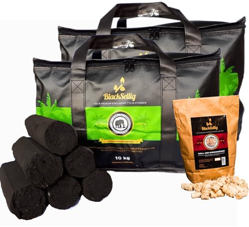 BlackSellig Beach Kokos Grillbriketts XXL | Reine Kokosnussschalen Grillkohle | umweltfreundlich | raucharm | extra Lange Brenndauer | Beach Cocos Stangen (20kg XXL Stangen + 50 Anzünder)