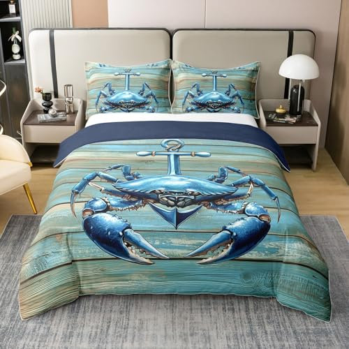 Homewish Housse de Couette 140x200 Coton Parure de Lit Ancre de Crabe Couvre Lit Panneau de Bois de Ferme Rurale Sets de Housses de Couettes Aventure Côtière Thèmes Animaux Bleu Canard d'eau