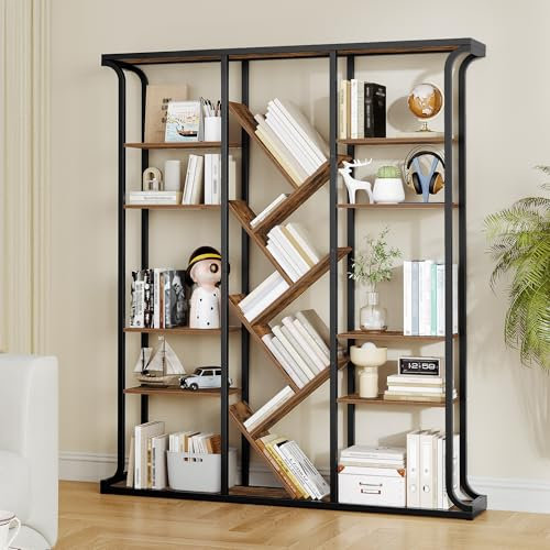Hzuaneri Libreria, 3 Colonne e 6 Ripiani a Forma di Albero,17 Scomparti, Scaffale Indipendente Aperto, Adatto per Ufficio, Camera da Letto, Soggiorno,24 x 156 x 180cm, Marrone Vintage e Nero, BC53201B