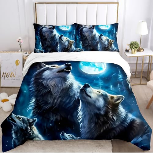 IUNTWEIE Wolf Bettwäsche 220x240,3D Tier Bettbezug mit Reißverschluss Wolf-Motiv Soft Weiche und mit 2 Kissenbezug 50x75(Wolf-3, 220x240cm)