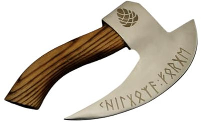 Chigoza Handmade Carbon Steel Pizza Cutter | Viking-Inspired Pizza Slicer with Ash Wood Handle & Leather Wrapping | Norse Rune Design | Durable Blade & Leather Sheath (Silver)