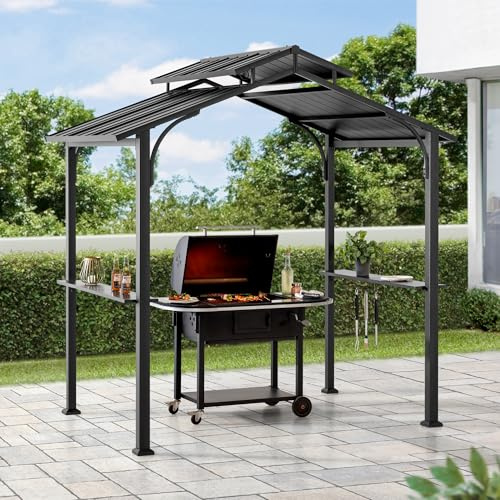 SUNJOY 2.4x1.5m Hardtop Grill Gazebo, 2 Bar Shelves&10 Hooks, Double Tiered Roof, Steel Frame, Snow & Wind Resistance, Outdoor Metal Barbecue Canopy for Patio, Backyard, Deck