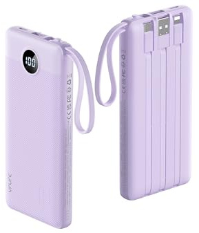VRURC 10000mAh Power Bank mit Kabel, Ultra dünn USB C Powerbank Tragbares Ladegerät, 5 Ausgänge, 2 Eingänge, Externe Akkupack Kompatibel mit iPhone, Huawei, Android, Smartphones und mehr