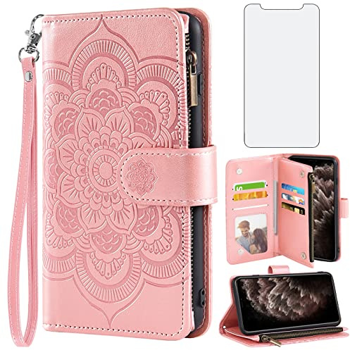 Asuwish Phone Case for iPhone 11 Pro Max 6.5 Wallet Cover with Tempered Glass Screen Protector and Flower Flip Credit Card Holder Cell Accessories iPhone11 11pro Promax i XI Plus Women Men Rose Gold