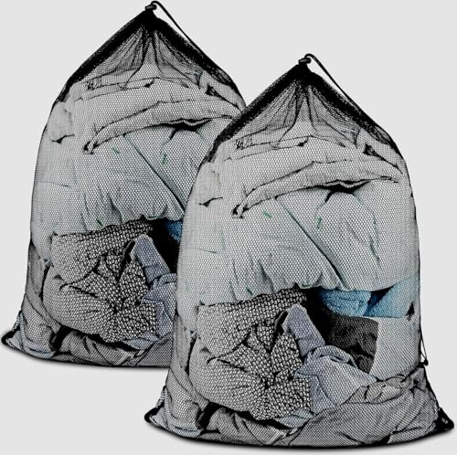 2 Pack Large Mesh Laundry Bags, 24 x 36 Heavy Duty Strong Drawstring Dirty Clothes Bags with Soft Breathable Net, Machine Washable Laundry Bag for College, Dorm, Camp, Travel and Family Use(Black)