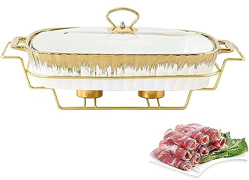 Ceramic Buffet Chafing Dish Set with Alcohol Stove And Glass Lid for Catering Party Wedding Buffet Warm Food in Winter3,Gold-L (Gold M)