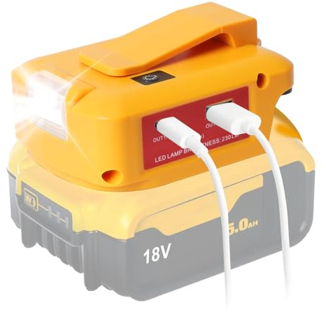 QUPERR Adaptateur USB/Type-C/DC Compatible avec Batteries DeWalt 18V | Port USB, port Type-C, sortie DC 12V, lampe torche et LED de travail; adaptateur uniquement, sans batterie