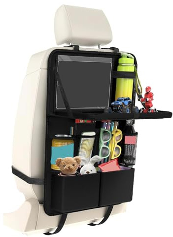 Yeqqzq Car Seat Organizer, Backseat Organiser for Kids with Tablet Holder | 11 Storage Pockets Car Storage Organizer with Foldable Food Tray, Seat Protectors Kick Mats Travel Accessories