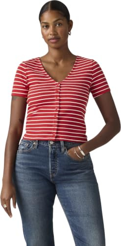 Levi's Damen T-Shirt Muse Tee mit V-Ausschnitt, gerippt, Rot (Penelope Stripe Urba), S