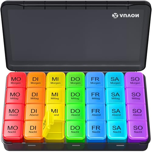 AUVON Tablettenbox 7 Tage Morgens Mittags Abends Nachts, Medikamentenbox 7 Tage 4 Fächer mit Große Fächer, Abnehmbare Pillendose für Unterwegs Vitamine Fischöl, Doppelschutz Auslaufsicher, BPA Frei