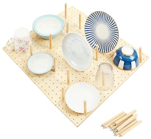 Hocomay 4 Pack Wooden Pegboard Drawer Organizer with 32 Wooden Sticks, Adjustable Drawer Organizer, Plates Pegboard Food Containers for Dishes Plate Pot Container Cookware Utensil Kitchen 53.3X15X1CM