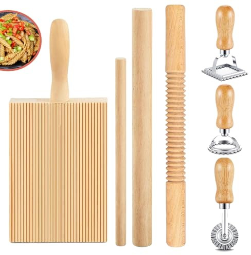 Gnocchi & Pasta Making Set,7 Pcs Ravioli Stamp & Rolling Pin Kit,Wooden Gnocchi Board,Homemade Tools for Ravioli for Italian Pasta, Ravioli, Kitchen Tools Making Accessories