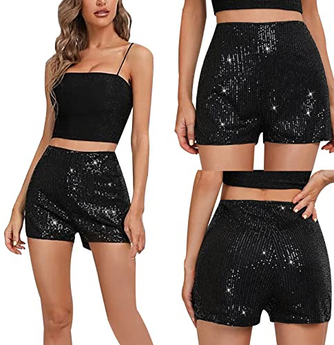 Generisch Damen-Shorts mit Pailletten, hohe elastische Taille, einfarbig, glitzernd, Party-Shorts