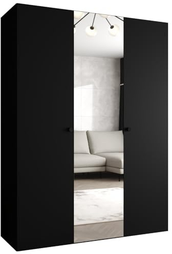 MEBLE KRYSPOL - Kleiderschrank - Garderobenschrank - 150 cm x 202 x 52 cm - Schrank mit Kleiderstange und Spiegel, 3 Türen - für Schlafzimmer, Flur - Parma, Schwarz, Griff Schwarz