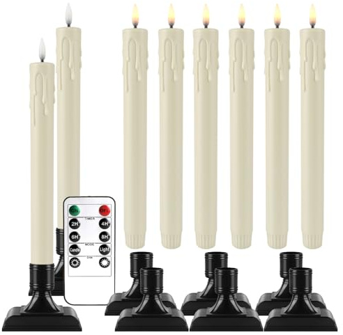 LIVEN 8 Pack LED Taper Candles,Window Candles with Remote Timer Dimmer, Battery Operated Candlesticks with Holders, Christmas LED Candlesticks for Window Home Part Decor(Ivory)