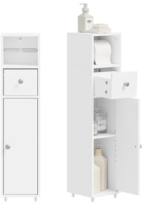 SoBuy Badezimmerschrank Schmal 20cm mit Rollenhalter für Bad & WC | Nischenschrank und Schublade Badschrank Weiß für kleine Räume Toilettenschrank Stehend Nischenregal BZR219-W