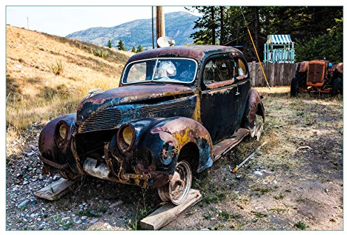 Wallario Küchenrückwand selbstklebend 90 x 60 cm, Motiv: Rostiger Oldtimer auf dem Schrottplatz | Spritzschutz abwischbar & pflegeleicht