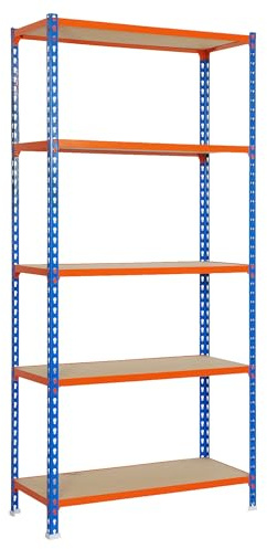 SimonRack Schwerlastregal, Lagerregal, 200x110x50 cm, Metallregal, Kellerregal, Biegestelle 200 kg, 5 Holzfachböden, Blau/Orange/Holz - Maderclick