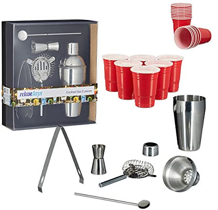 55 Piece Cocktail Set Including Plastic Drinks Cups, Cocktail Shaker, Strainer, Jigger, Stainless Steel Ice Tongs, Bar Spoon