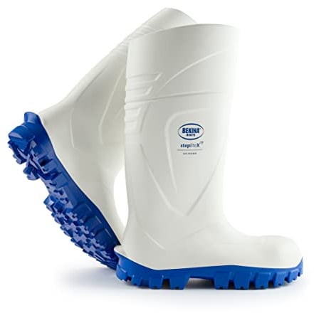 Robuste Sicherheitsstiefel für Männer und Frauen mit Stahlkappe, rutschfest, Weite Passform, Stiefel Lebensmittelindustrie, Öl und chemikalienbeständig, isolierend bis -30 Grad, weiß, EU 43