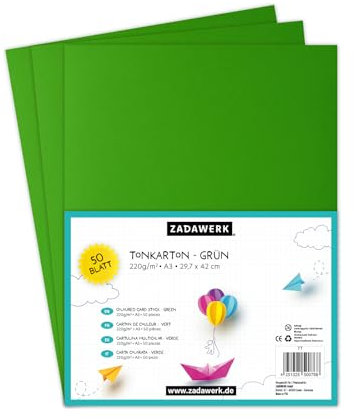 ZADAWERK® Tonkarton - 220 g/m² - DIN A3 - Grün - 50 Blatt - Bastelkarton - farbige Pappbögen zum Basteln - Tonzeichenpapier dick - 42x29,7 cm groß - Bedruckbar