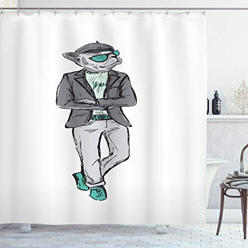 ABAKUHAUS Hipster Duschvorhang, Moderne Bohemian Bulldog Art, Stoffliches Gewebe Badezimmerdekorationsset mit Haken, 175 x 220 cm, Grau Mint Green