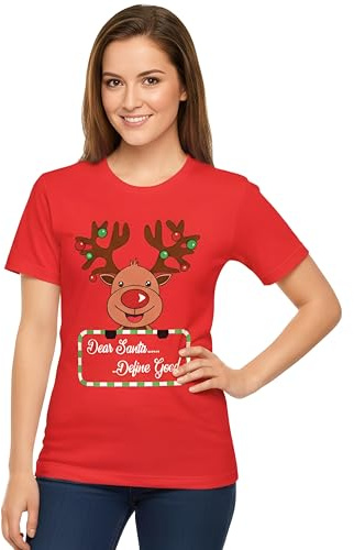 Love My Fashions Women Merry Christmas T-Shirt - Novelty Funny Xmas Top with Snowman, Santa & Reindeer Prints, Crew Neck, Short Sleeve Shirt for Women
