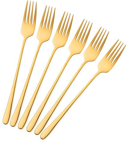 BISDARUN Stainless Steel Dinner Forks Pack of 6 Golden Table Forks Long Handle 21.3 cm(8.4 inches) Korean Forks set for Steak Meat