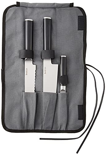 Babish German High-Carbon 1.4116 Steel Cutlery Knife Set, 3-Piece (Chef, Bread, & Pairing Knive) w/Kitchen Knives Roll