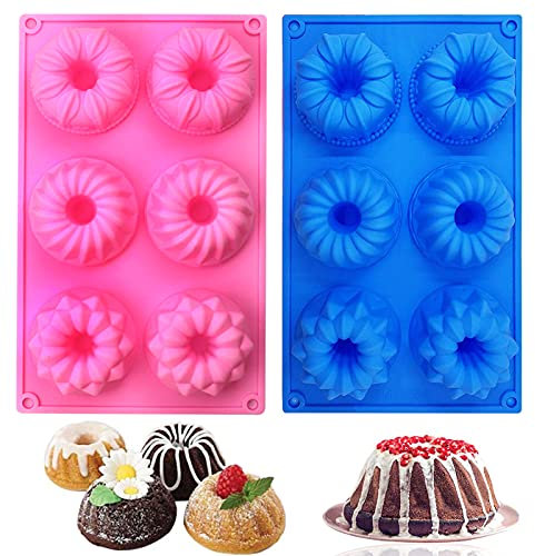 SAGOOITS 2 Packs Silicone Mini Fluted Cake Pans, Doughnut Maker Silicone Baking Tray Cupcake Muffin Molds, Mini Tube Cake Baking Pan (Pink, Blue)
