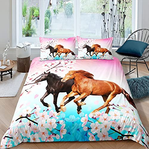 Loussiesd Pferd Bettwäsche Set Kinder Schicke Kirschblüten Bettwäsche 155x220cm Mädchen Teenager Galoppierendes Pferd Bettbezug Set 3D Wild Tier Schlafzimmer Dekor Betten Set 2St