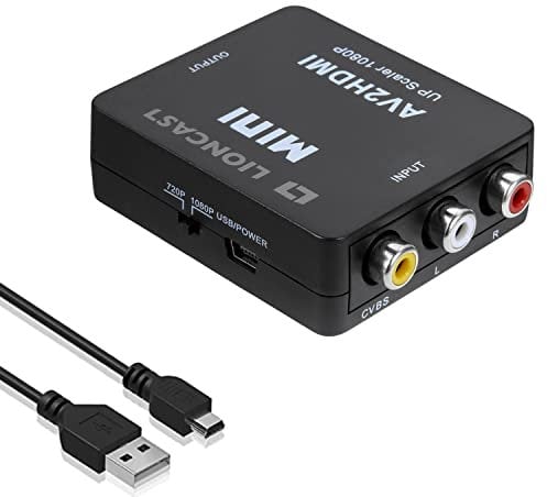 Lioncast RCA to HDMI Adapter AV 2 HDMI Converter AV to HDMI Adapter Support 1080P with USB Charging Cable Protective Case for PC/Nintendo/Xbox/PS4/PS3/TV/STB/VHS/VCR/Camera/DVD (Black)