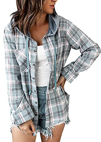 Surchemise À Capuche Femme, Veste Carreaux d'Hiver, Chemise Décontractée Oversized Manches Longues (Bleu Ciel, XL)