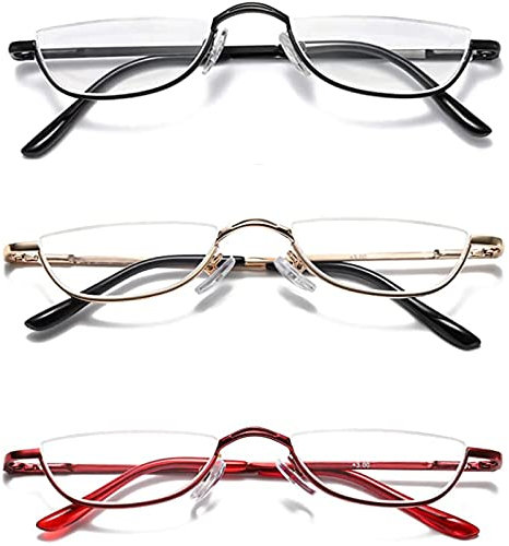 Hubeye Lot de 3 paires de lunettes de lecture demi-lune en métal fin demi-monture ultra mince avec charnières à ressort pour homme et femme 1,50