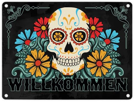 Willkommen Metallschild in 15x20 cm mit Totenkopf und Blumenmotiv hübsches Blechschild mit Totenschädel Schild für die Zimmertüre