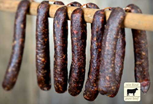 Kaminwurzen Rind 100% Beef | Wurstdelikatesse Rindswurst luftgetrocknet | Rindswürstchen ausgereifte Mettwurst - Salami Snack kalt & heiß essen | Rindfleisch aus Sachsen (4er Pack 560g) geräuchert