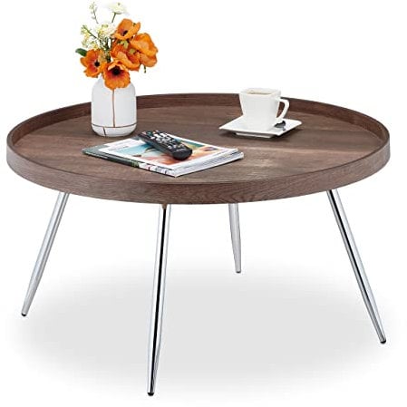 Relaxdays Beistelltisch, runder Sofatisch, HxD; 42x78 cm, Vintage Holzoptik, Wohnzimmertisch MDF & Stahl, braun/Silber