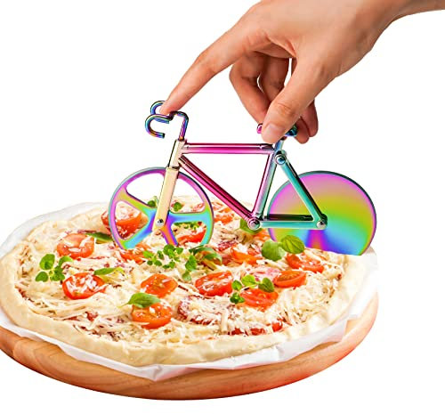 Fahrrad-Pizzaschneider:Pizzaschneider aus Antihaftbeschichtetem Edelstahl,Doppel Pizza Cutter mit Scharfem Schneiderad & Ständer für Weihnachten Party Geschenke(Mehrfarben)