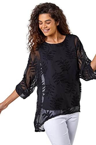 Roman Originals Overlay Top for Women UK - Ladies Summer Blouse Spring Everyday Holiday Autumn Work Winter Round Neckline Comfy Pull-On Soft Vacation 3/4 Length Sleeves - Black - Size 10