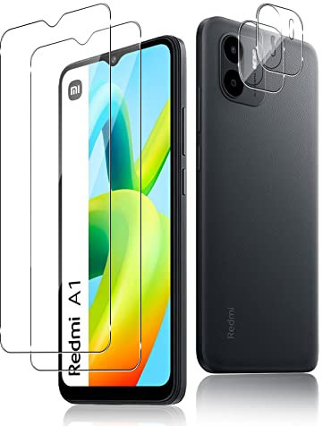 Funrae 2 Piezas Protector de Pantalla para Xiaomi Redmi A1/A2/A2 Plus + 2 Piezas Protector de Lente de Cámara, 9H Dureza, Anti-Arañazos, HD Vidrio Templado