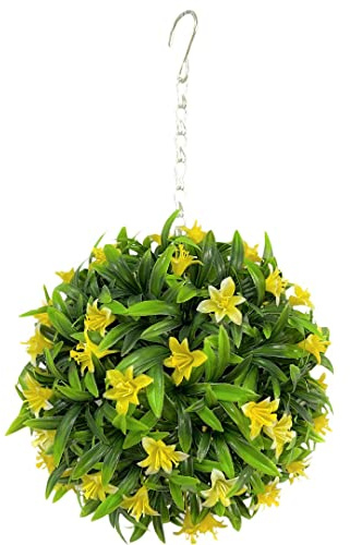 Best Artificial 23cm Lily Topiary Hanging Flower Ball **UV Fade Protected** (Yellow)