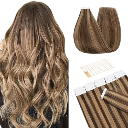 TESS Tape in Hair Extensions Human Hair 10 PCS #4P27 Medium brown&Dark blonde - 16 Inch Seamless Invisible Real Hair Extension Straight 25g