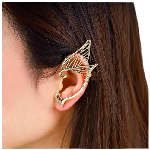 Dervivea Gothic Elfen Ohrhänger Gold Flügel Ohrmanschette Vintage Metall Ohr Crawler Halloween Cosplay Ohrringe (Goldenes Linkes Ohr)